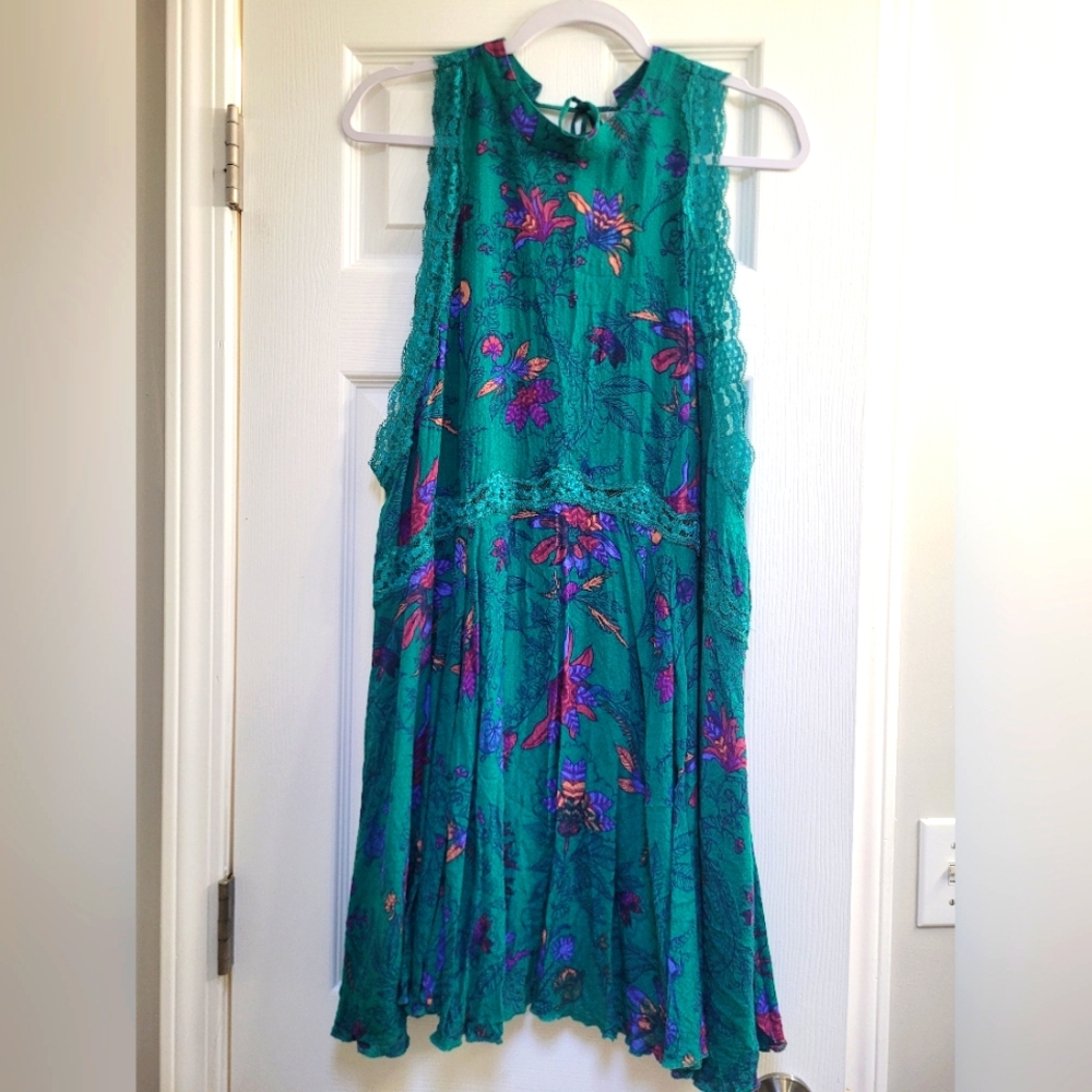 Free People Floral Teal Sleeveless Dress Large